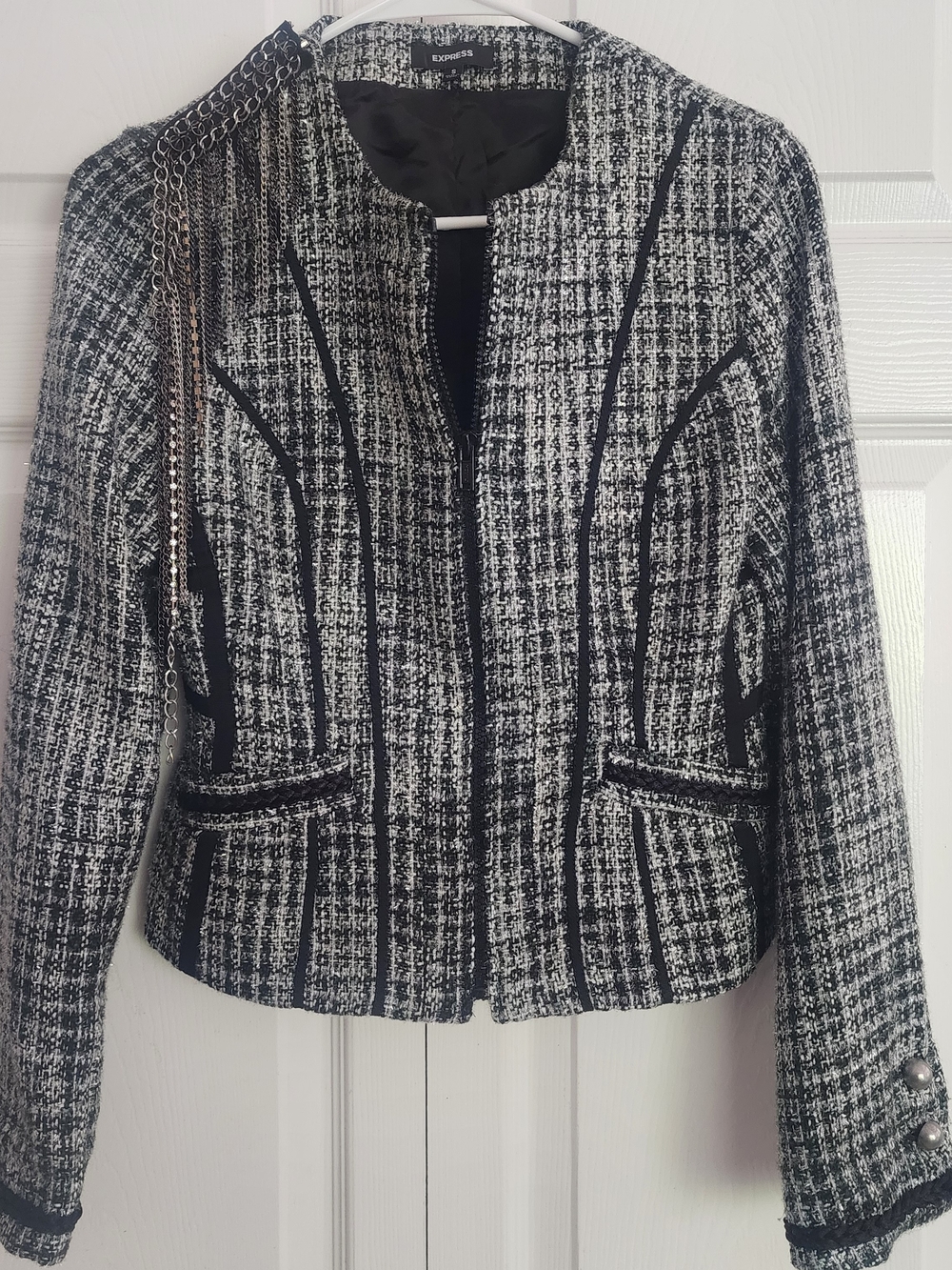 EXPRESS Y2K Tweed Metallic Plaid Black Silver Jacket‎ Coat Women's Size Small